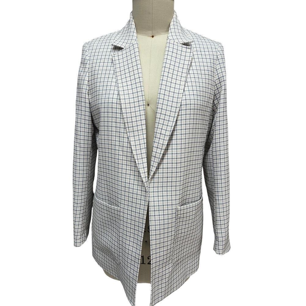Anne Klein open Front  Blazer White /Natural Plaid 2 Pockets NWOT L